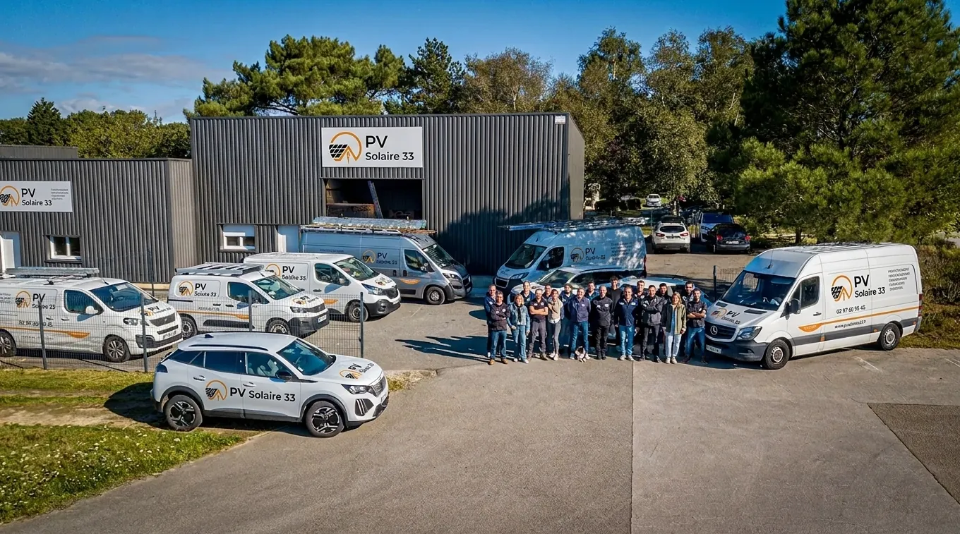 L'équipe PV Solaire 33 devant ses locaux et ses véhicules